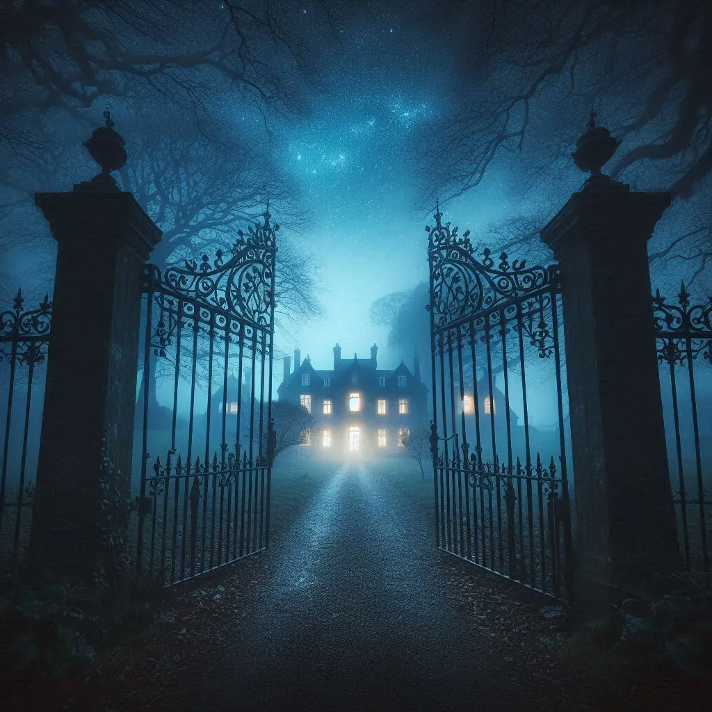 a gated entrance to a mansion at night opening