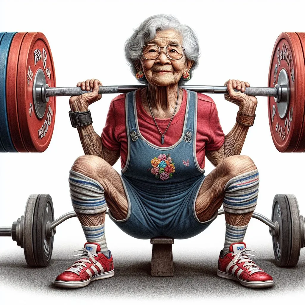 an elderly woman squatting with a barbell on her back