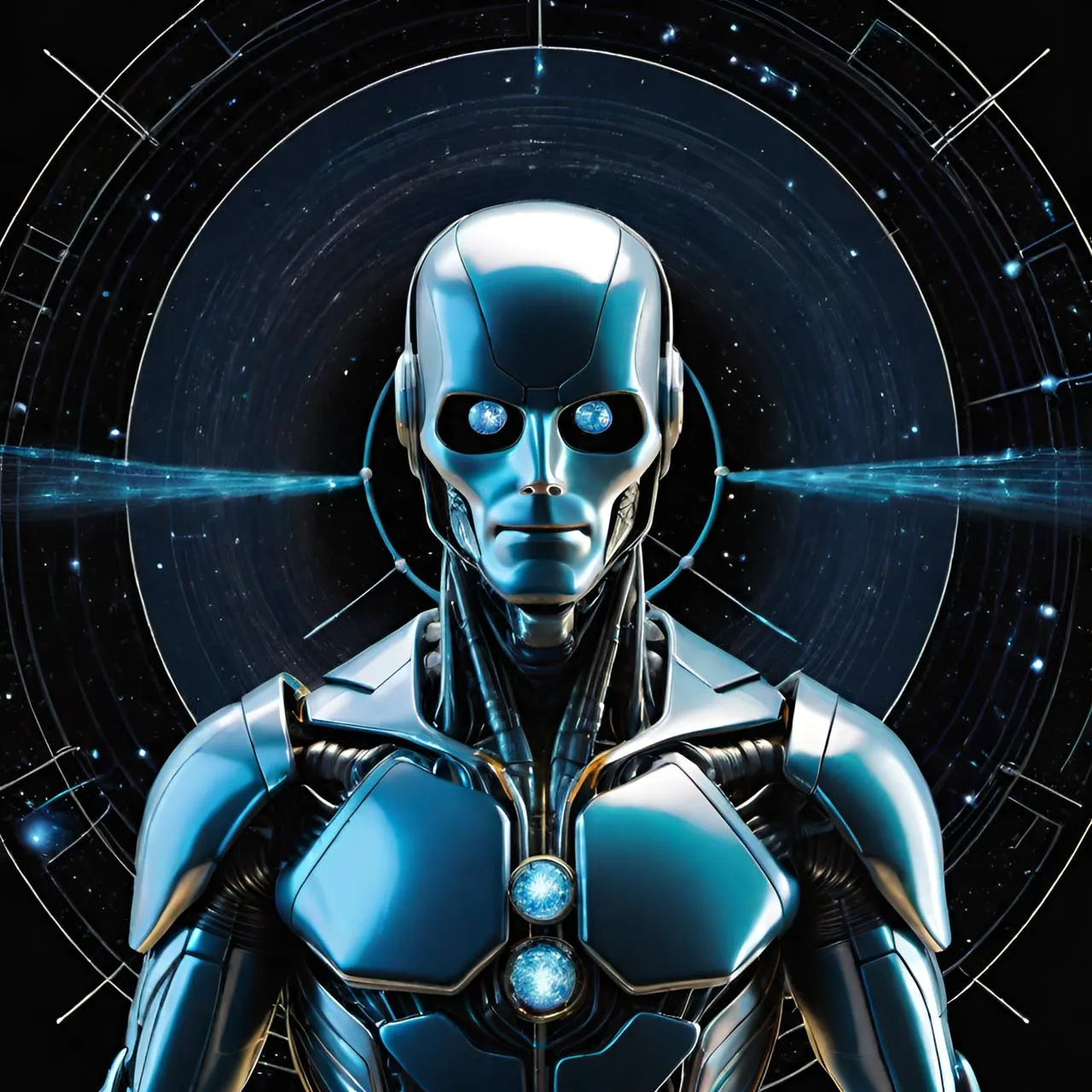 a man in a futuristic suit with blue eyes