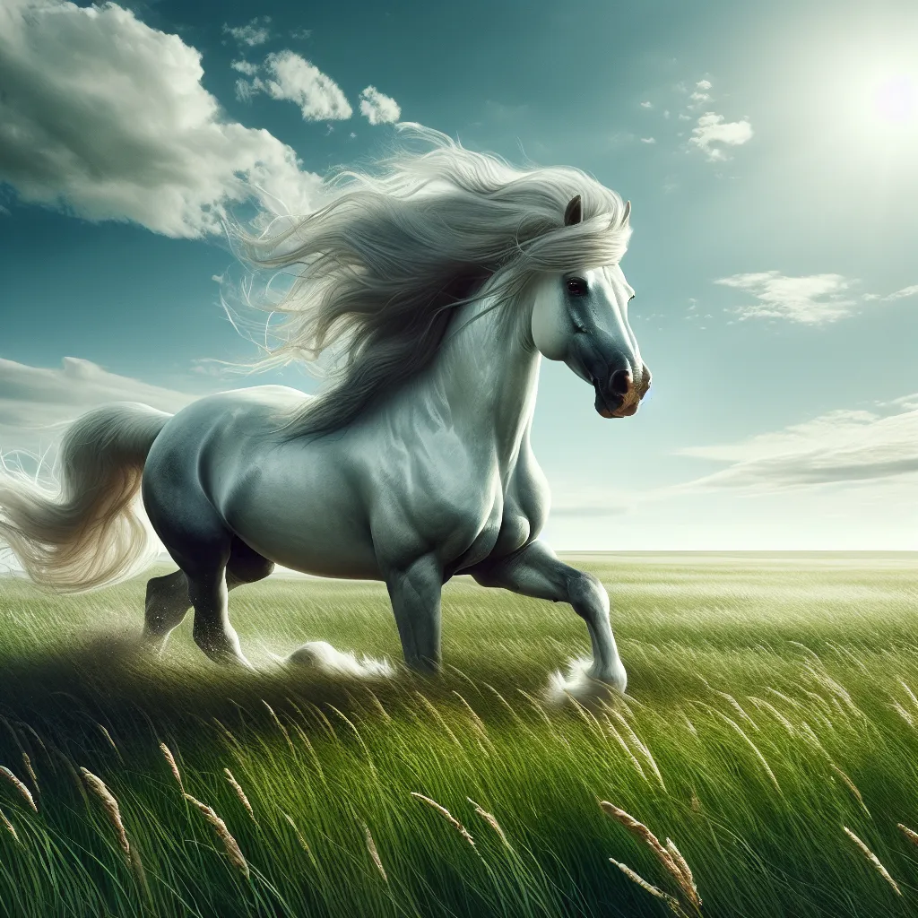 a white horse running through a grassy field