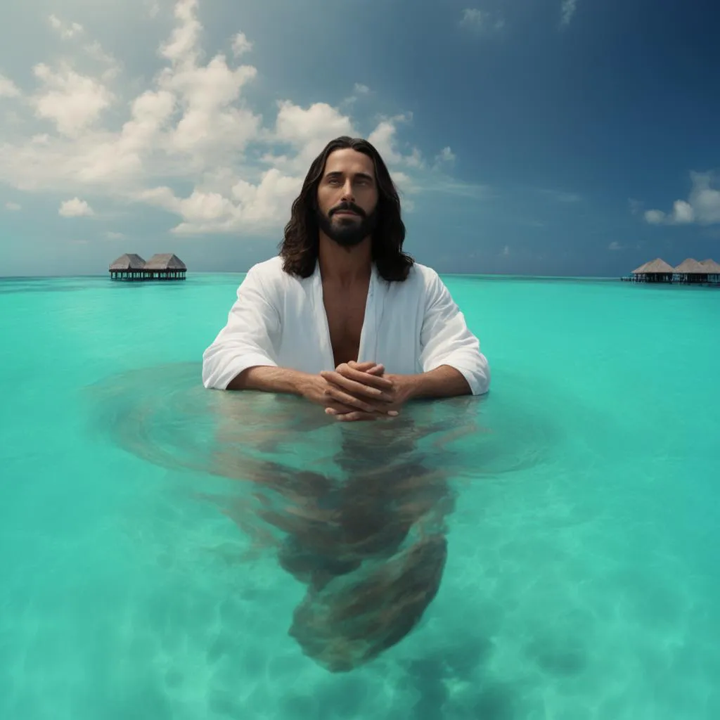 a man with long hair standing in the ocean