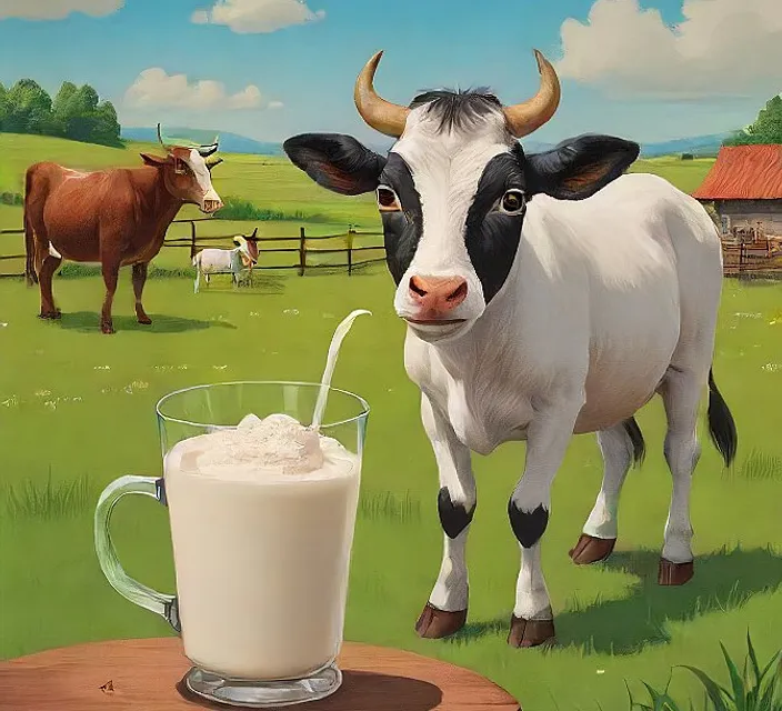 a painting of a cow and a glass of milk