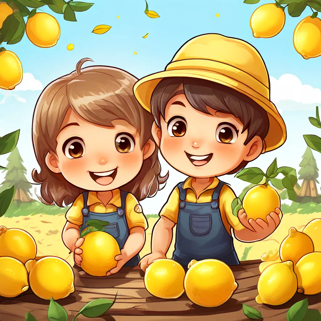 a couple of kids standing next to a pile of lemons