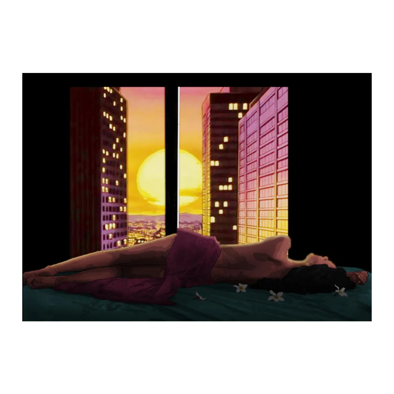 a woman laying on a bed in front of a window while the sun is rising, realistic, cinematic, neon