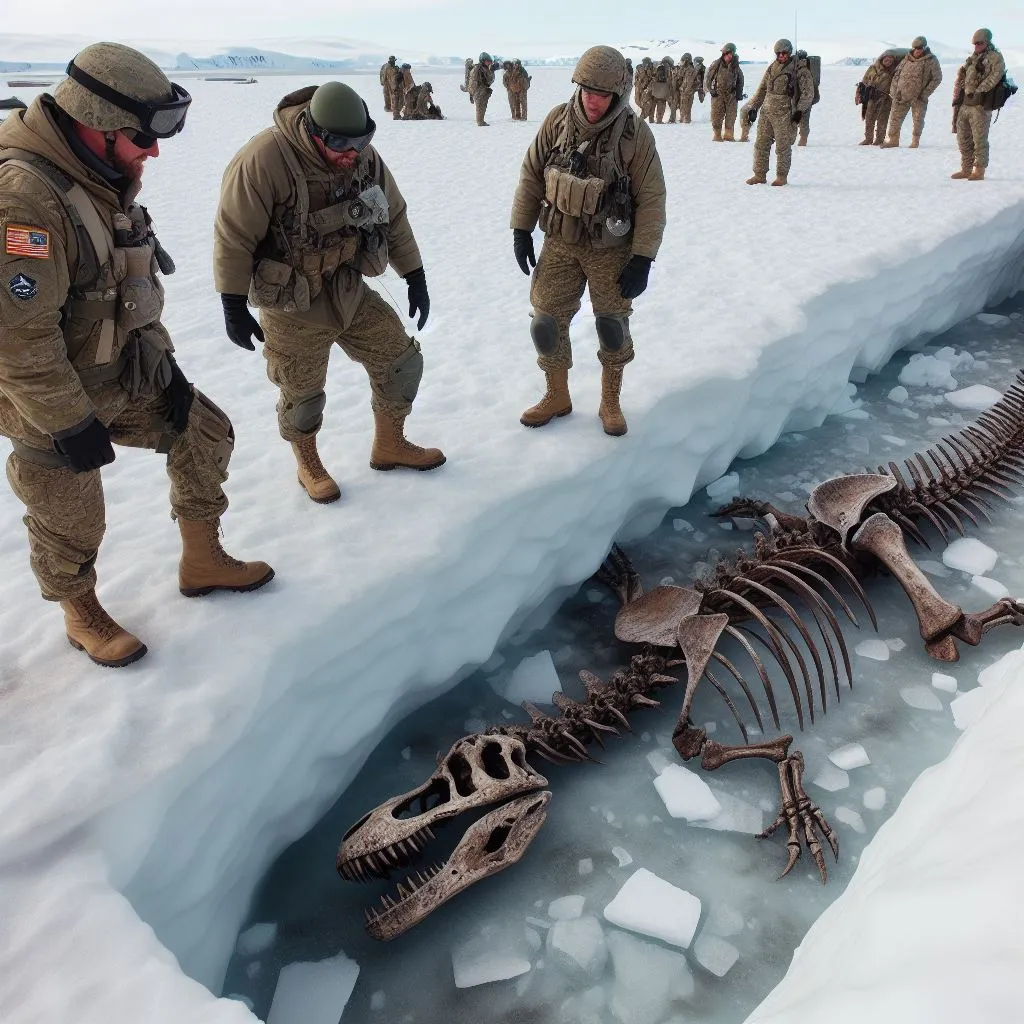 a group of soldiers looking at a skeleton in the snow