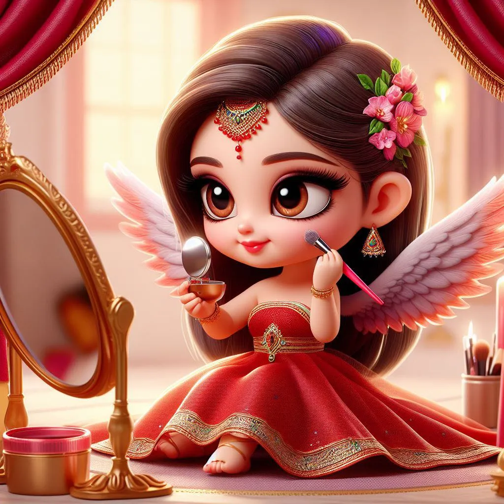 a little fairy girl in a red dress holding a make up brush