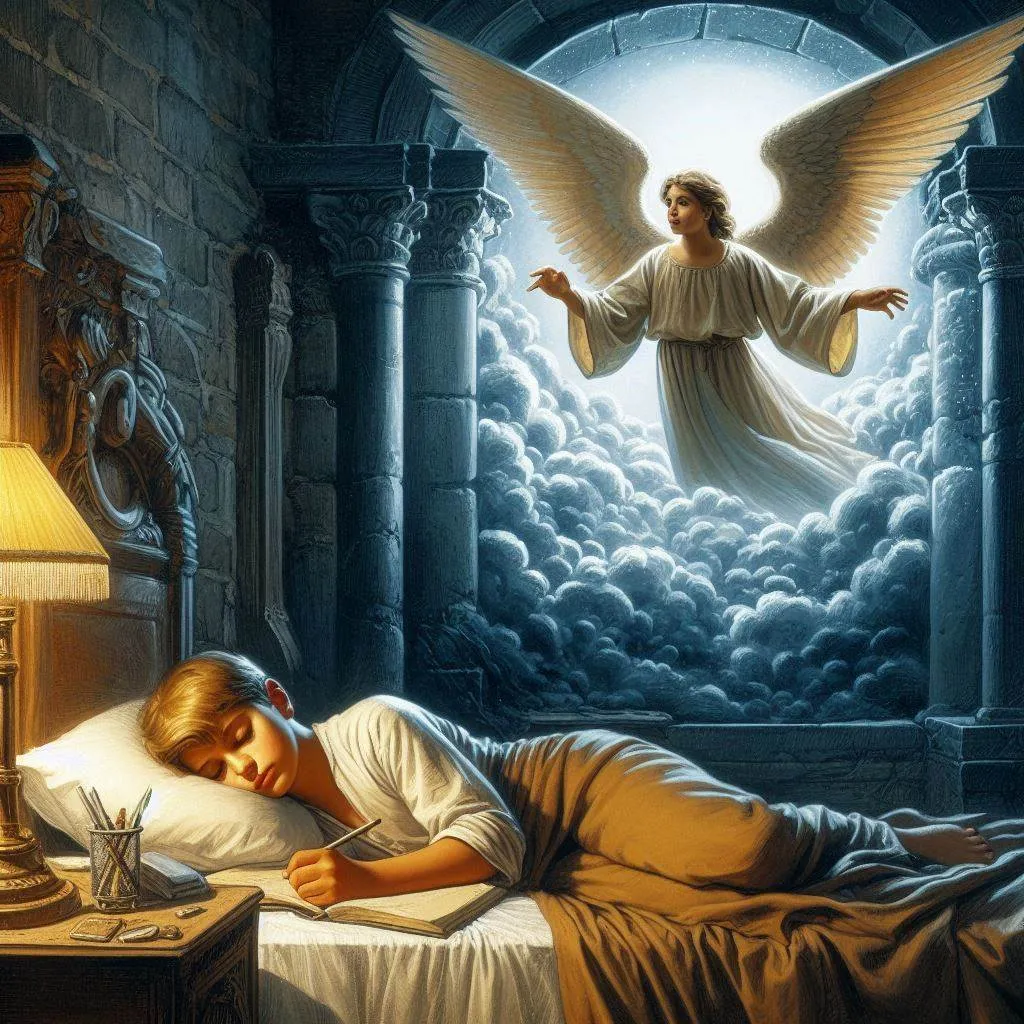 a painting of a woman in bed with an angel above her