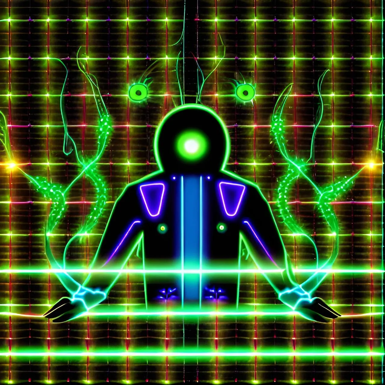 a man sitting in a lotus position in front of a neon background