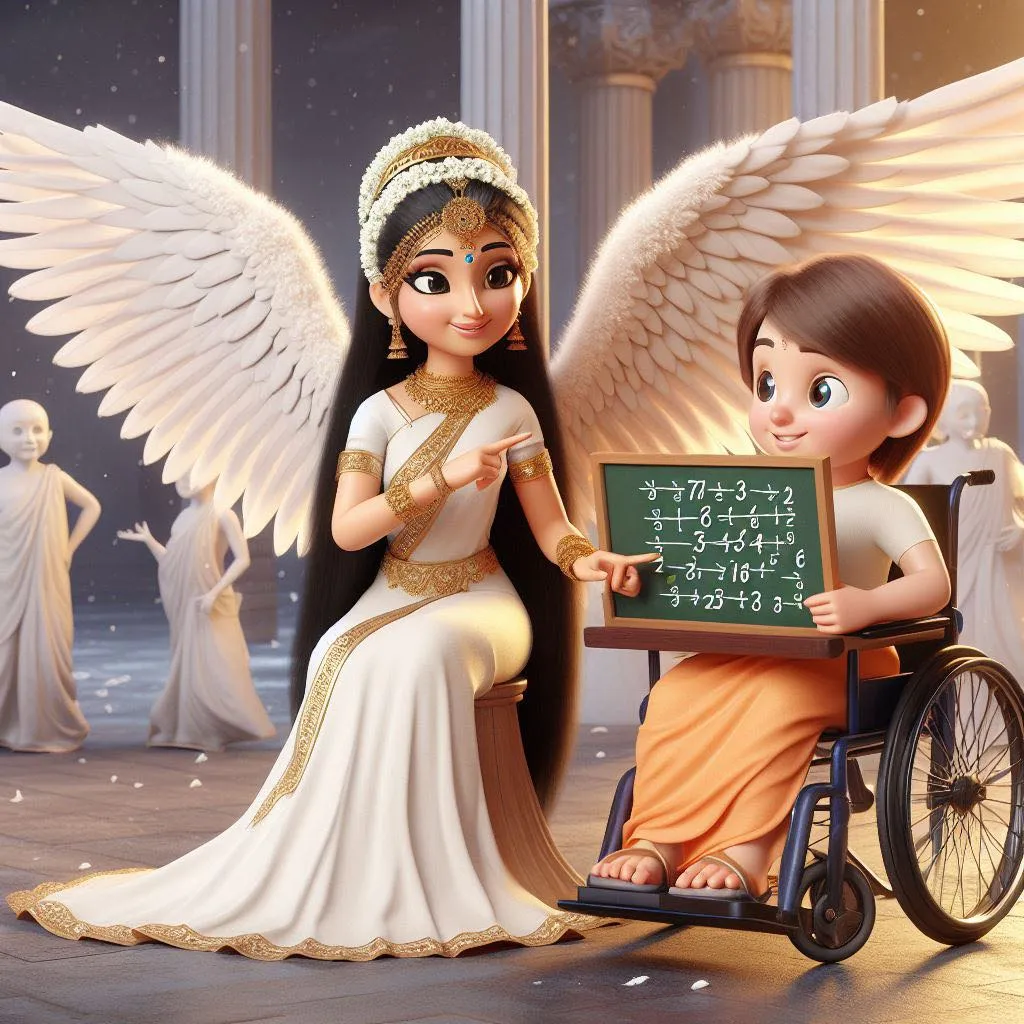 a angel girl holdhing a sign board and a boy in wheelchair 