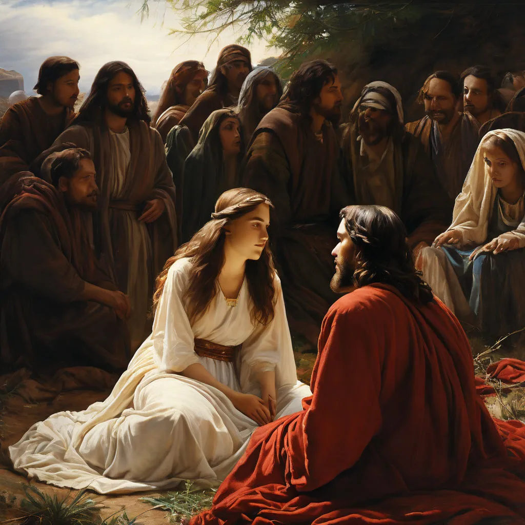 a painting of jesus talking to a woman