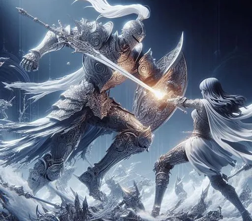 a couple of knights fighting in the snow