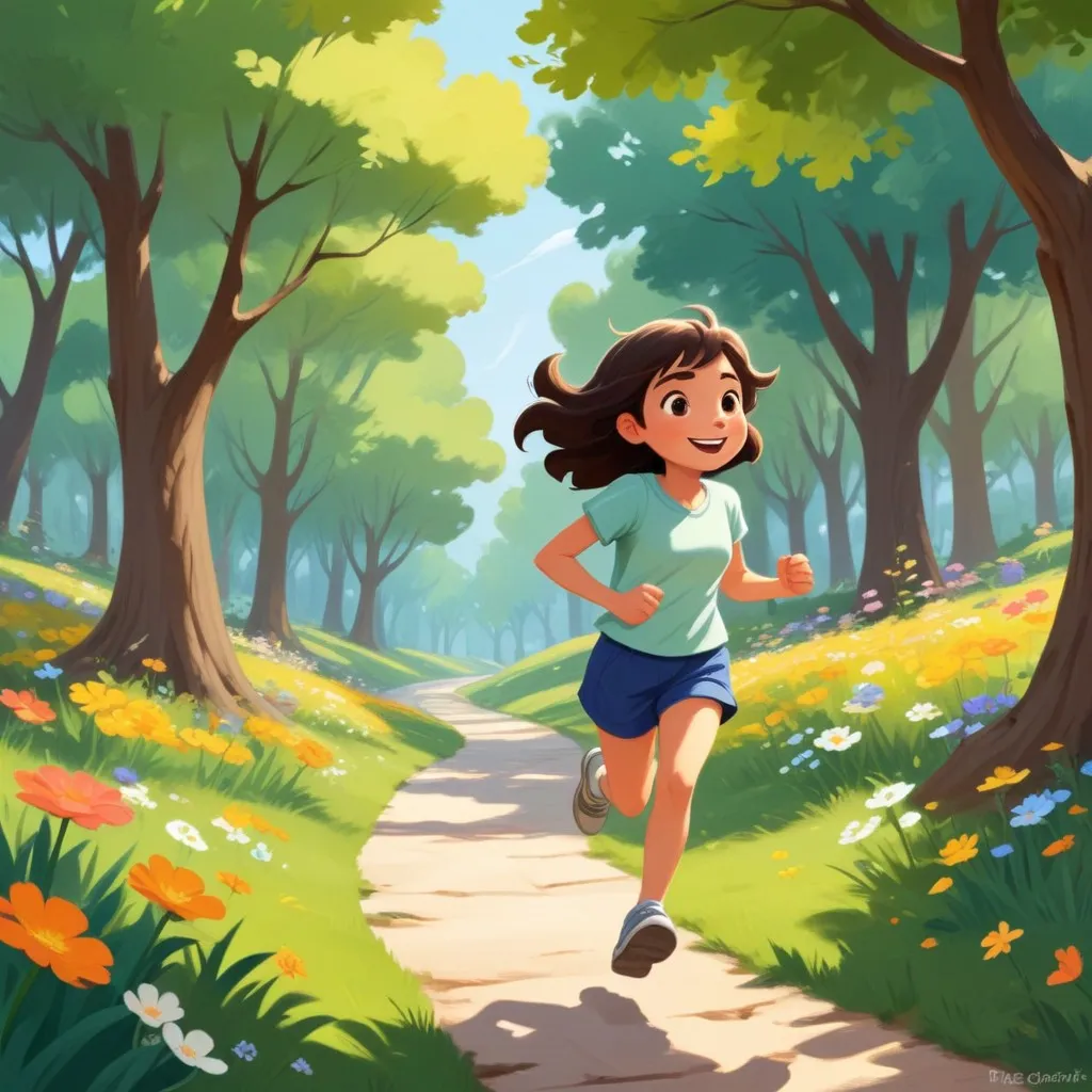 a girl running down a path through a forest