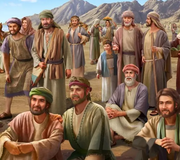 a painting of a group of people in the desert