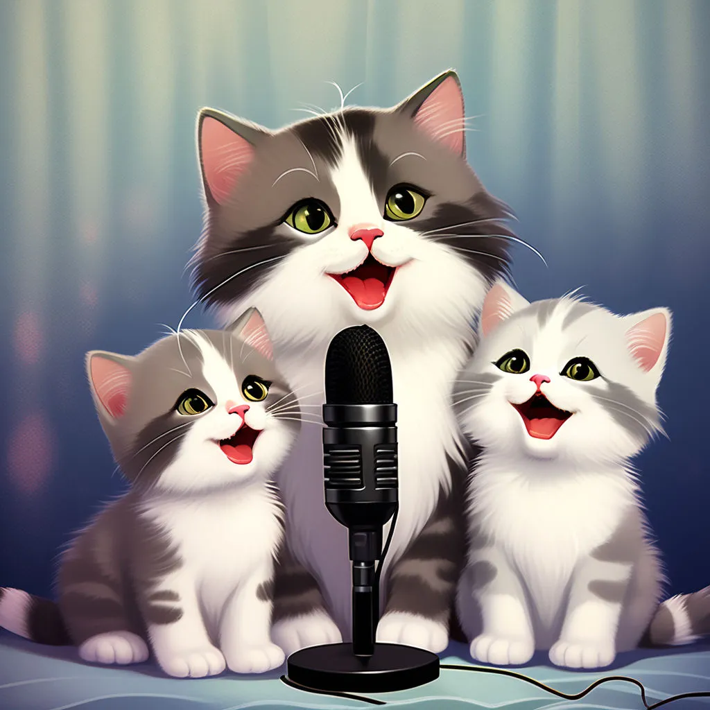 a group of cats sitting next to a microphone