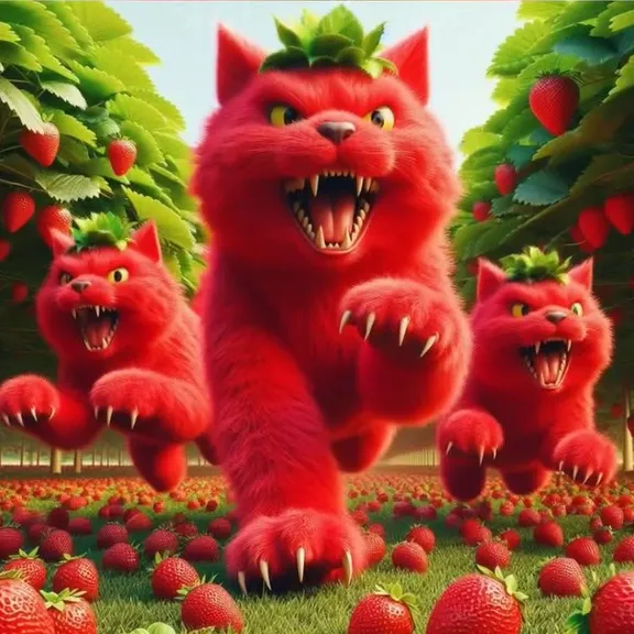 a group of red cats standing on top of a lush green field