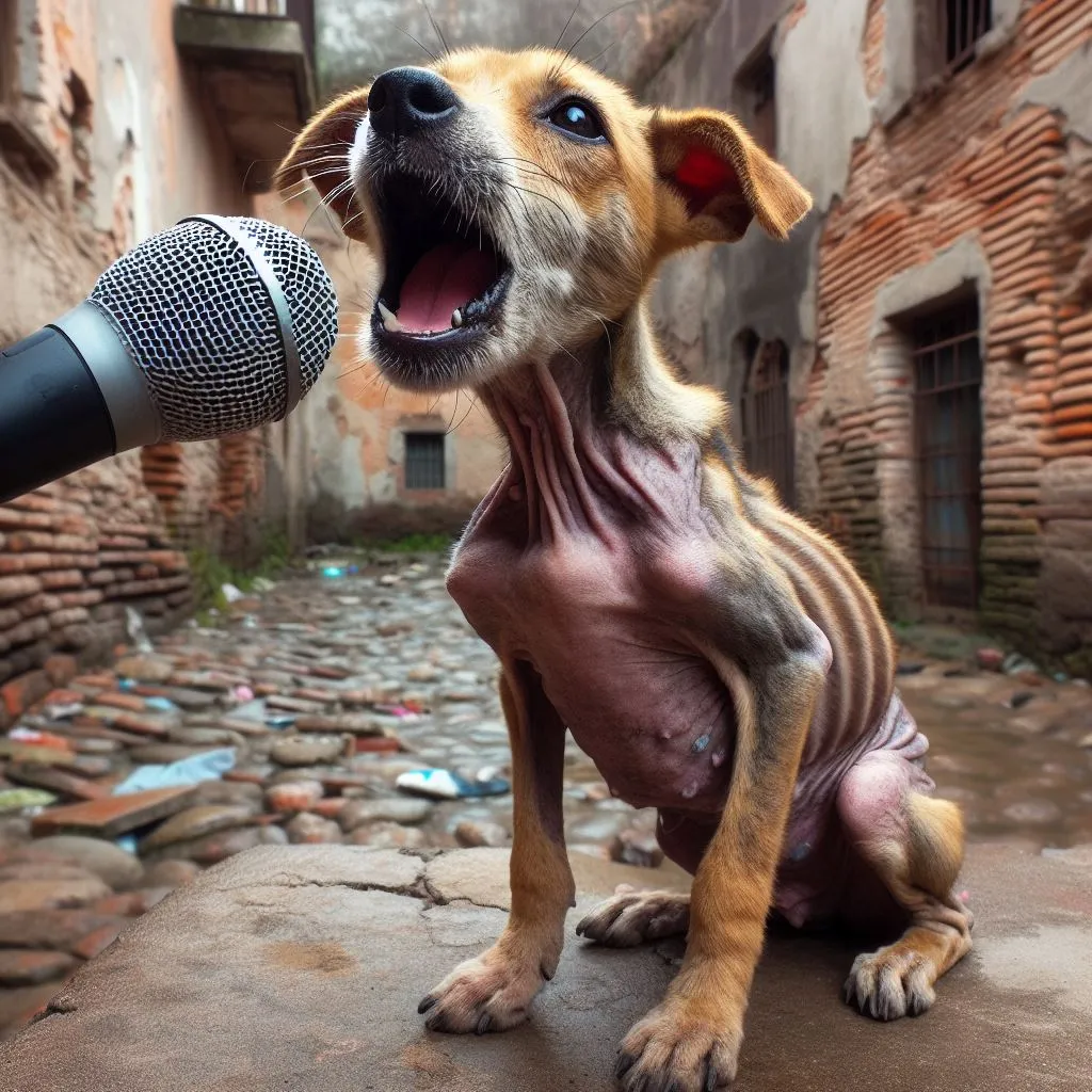 a dog is sitting in front of a microphone