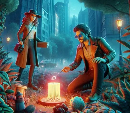 a painting of two people in a city at night