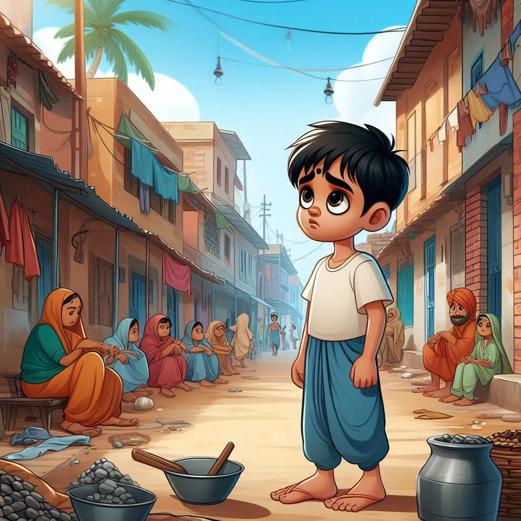 a cartoon of a boy standing in the middle of a street