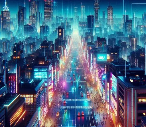 a cityscape with a lot of tall buildings and neon lights