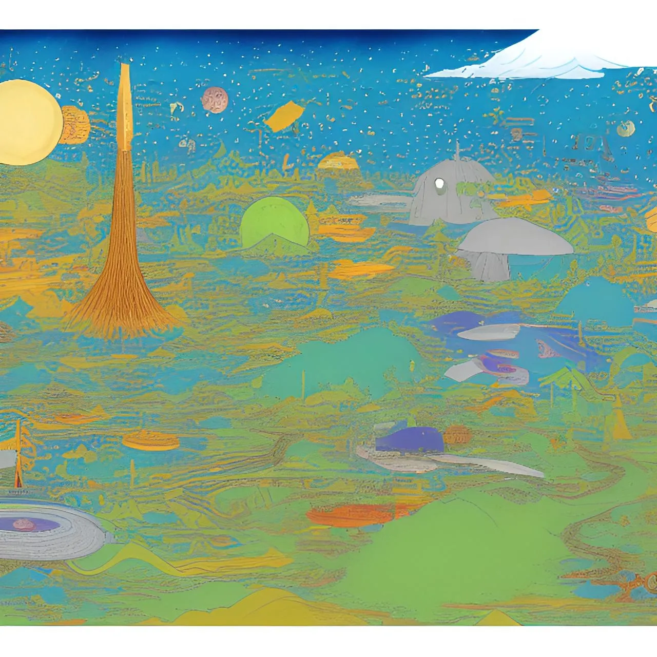 a painting of an alien land with a sky background