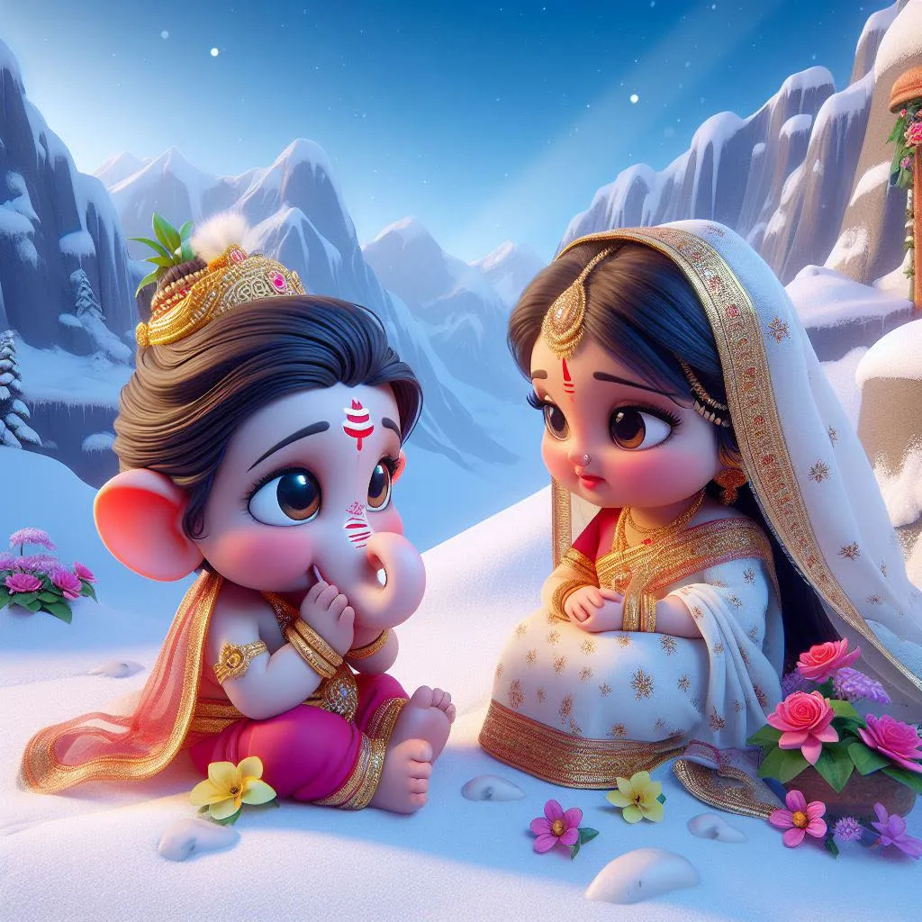 a ganesh and mata parbati of cartoon characters sitting on top of a snow covered ground