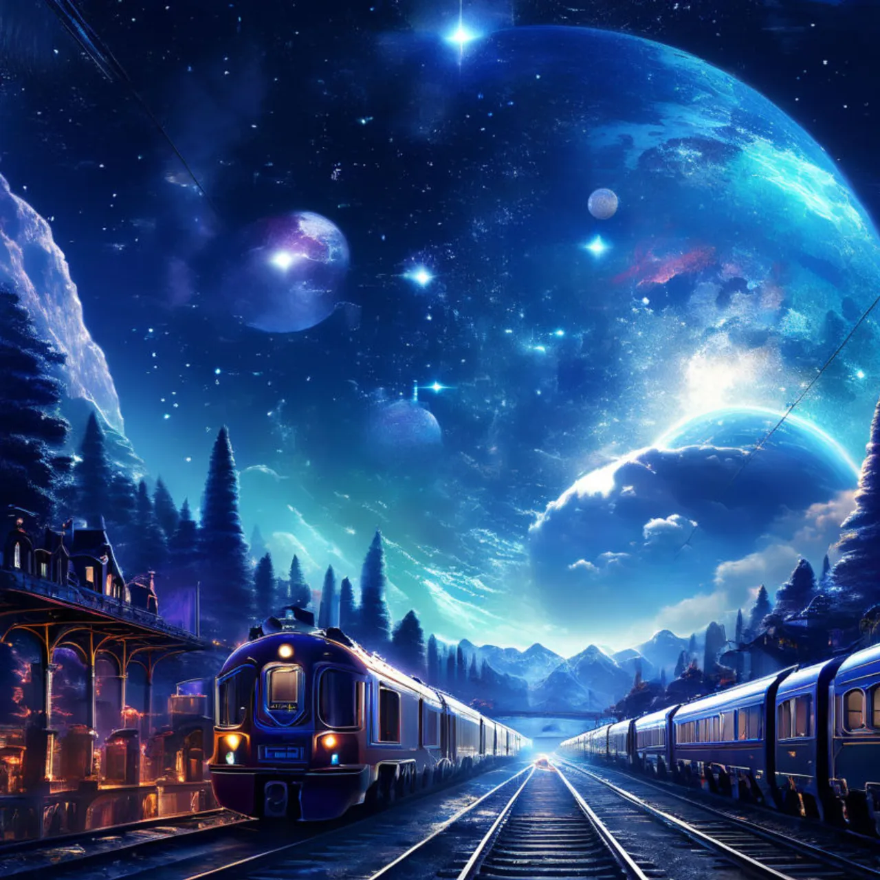 a train traveling down train tracks under a sky filled with stars