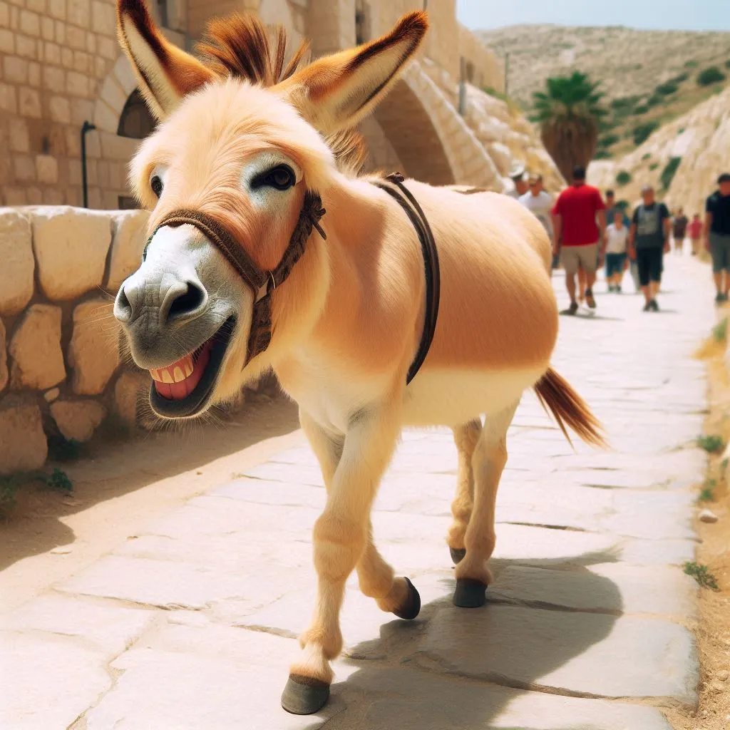 a donkey is walking down a narrow street