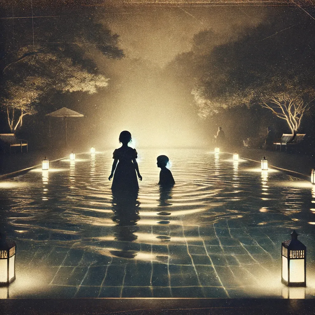 silhouettes hugging in the middle of a pool, water texture