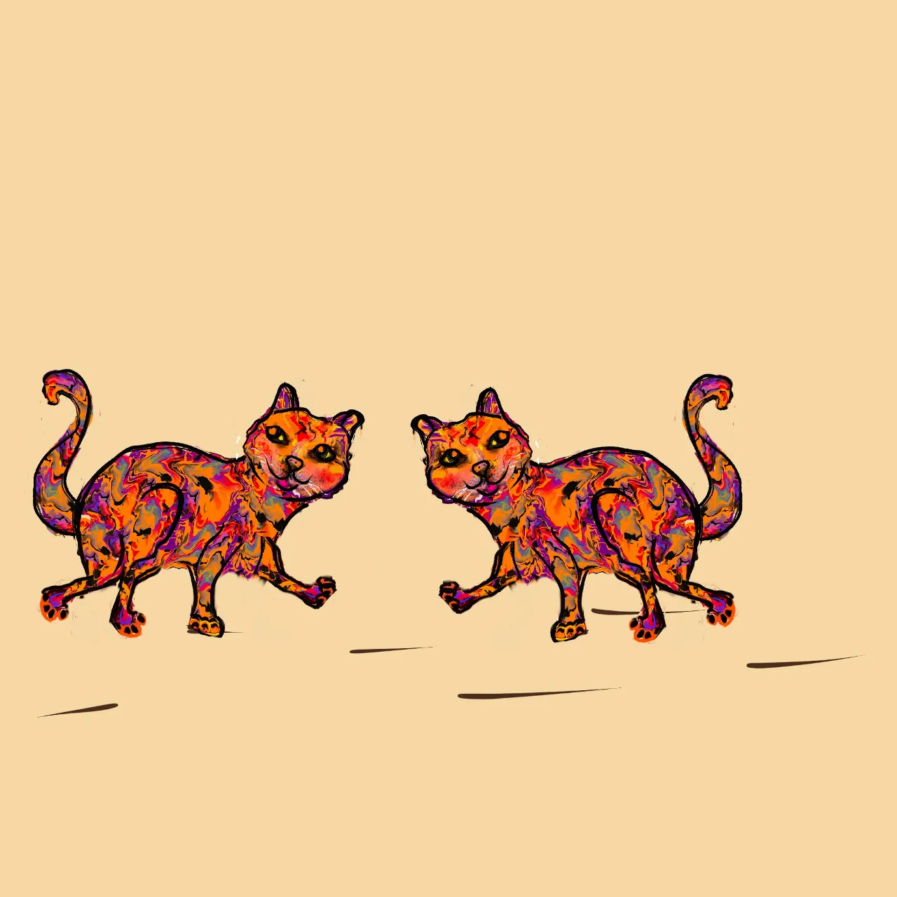 a couple of cats that are walking across a floor