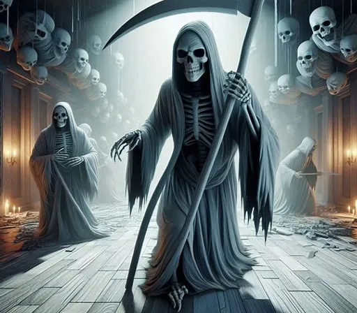 a painting of a skeleton holding a scythe