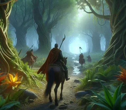 a man riding a horse through a forest filled with trees