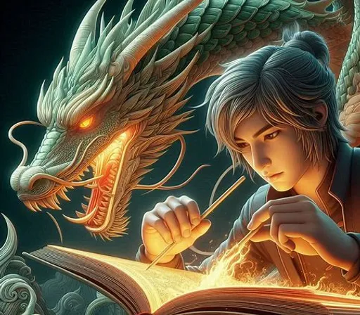 a boy is reading a book with a dragon in the background