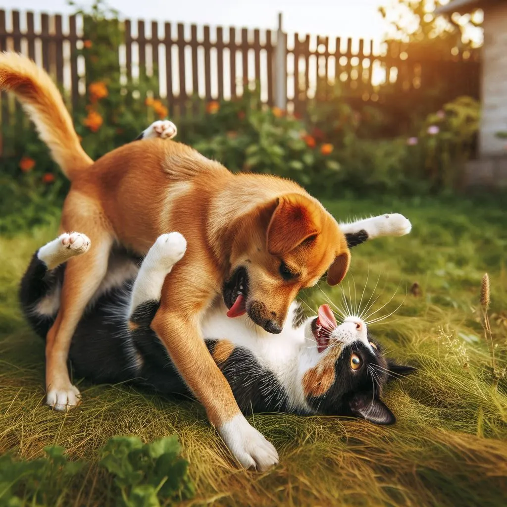 a dog playing with a cat in a yard