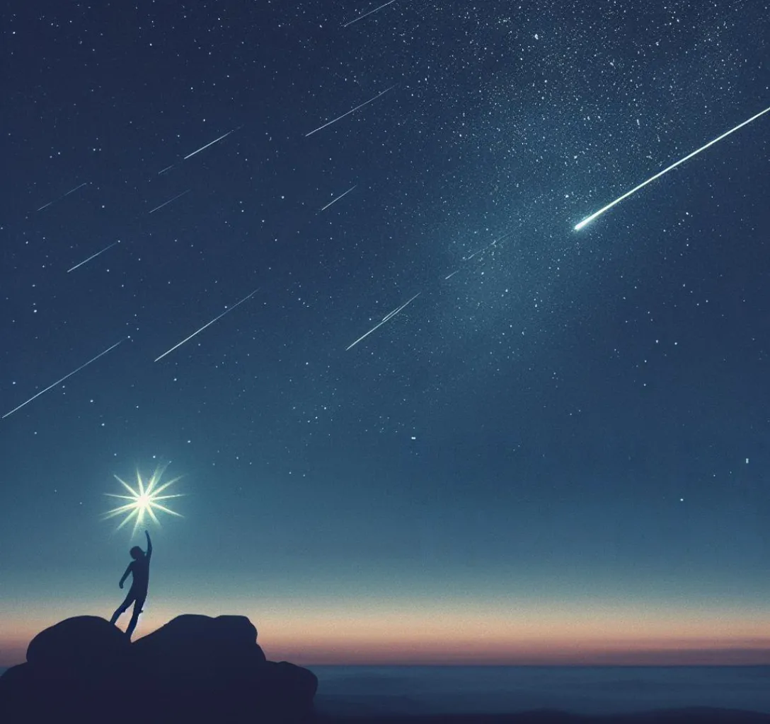 a man standing on top of a hill under a star filled sky