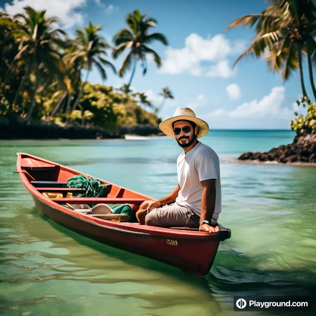 a man in a hat and sunglasses in a canoe