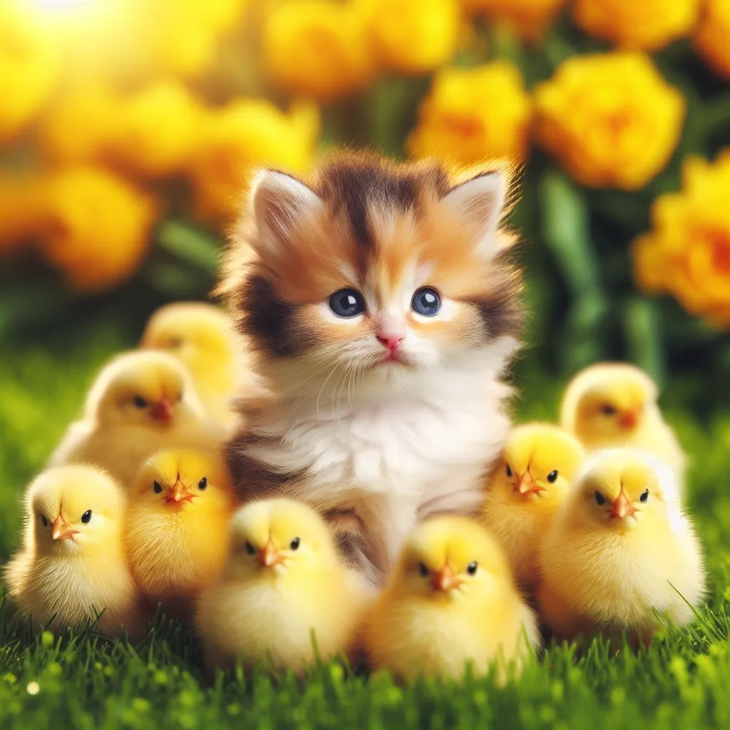 a kitten sitting in the grass surrounded by small chicks