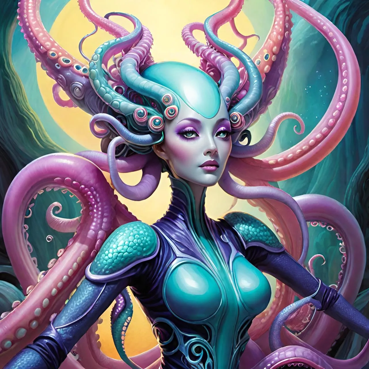 a painting of a woman with octopus tentacles on her head