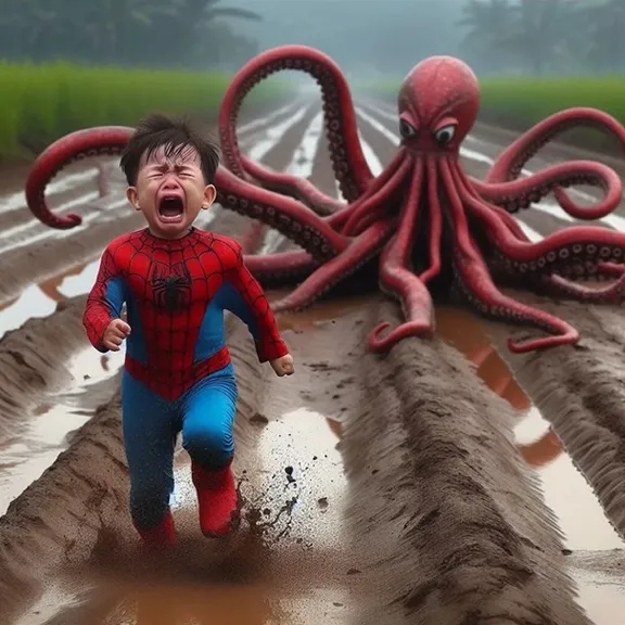 a little spiderman running away from huge monster octopus