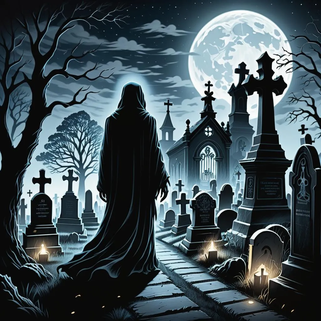 a graveyard scene with a person in a black robe