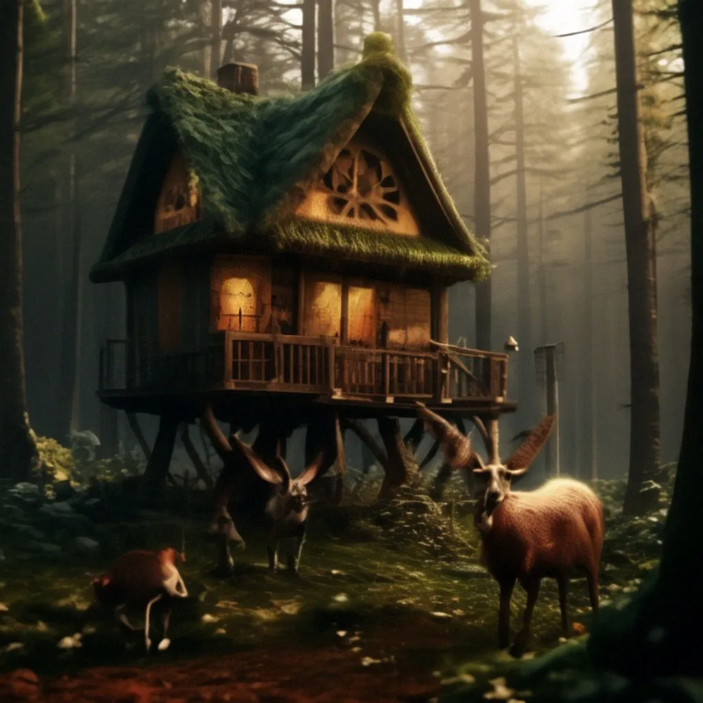 “Baba Yaga's hut from a fairy tale.  The hut is located in a deep forest, in the thicket.  Hut on big chicken legs.  Overall plan"