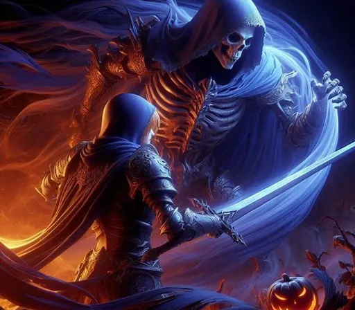 a painting of a skeleton holding a sword