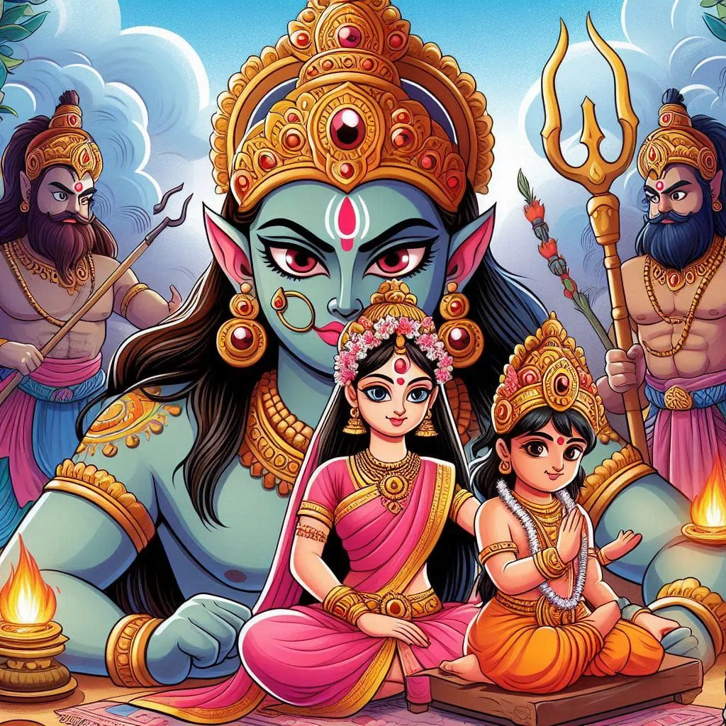 a painting of a hindu god with two children