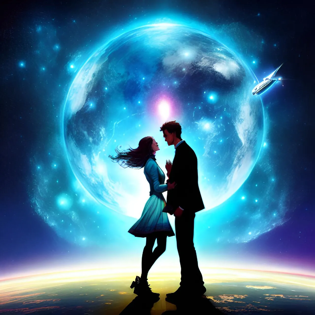 a man and a woman are standing in front of a planet