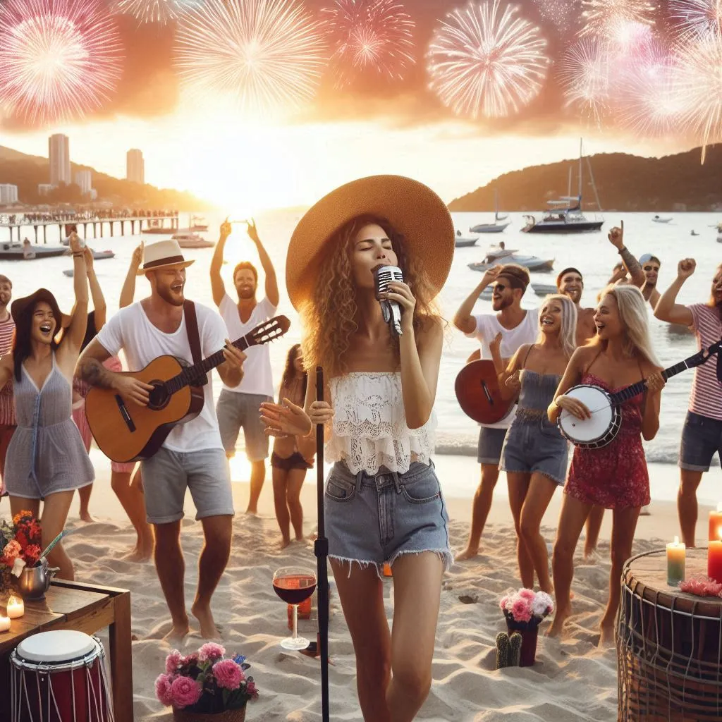 A lively beach party with a diverse group of people dancing, singing, and playing instruments. Fireworks go off in the distance.