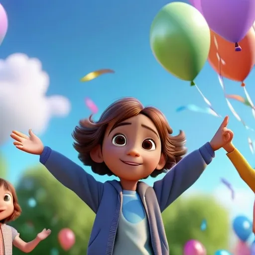 a girl and a boy standing in front of a bunch of balloons