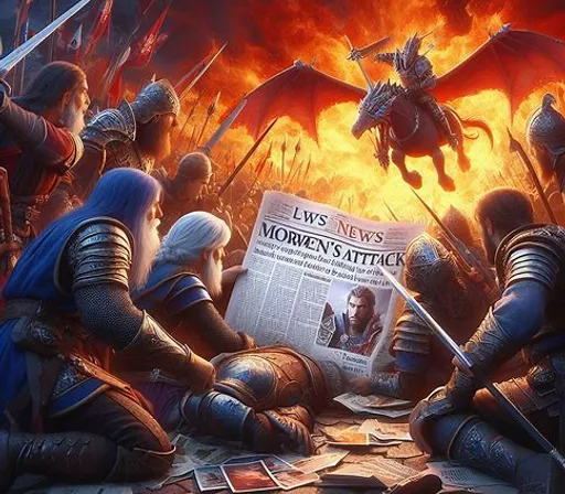 a painting of a group of knights sitting around a fire