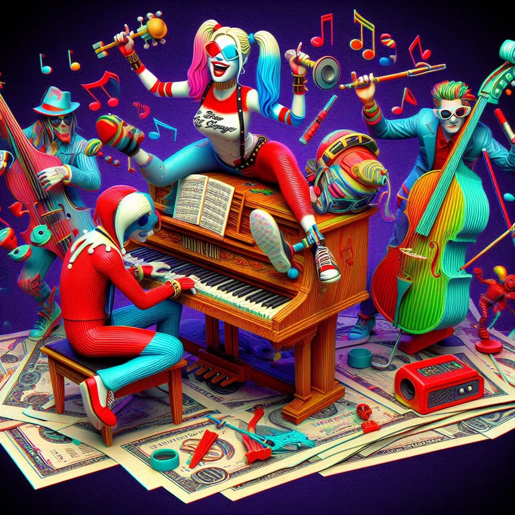 a group of clowns sitting around a piano