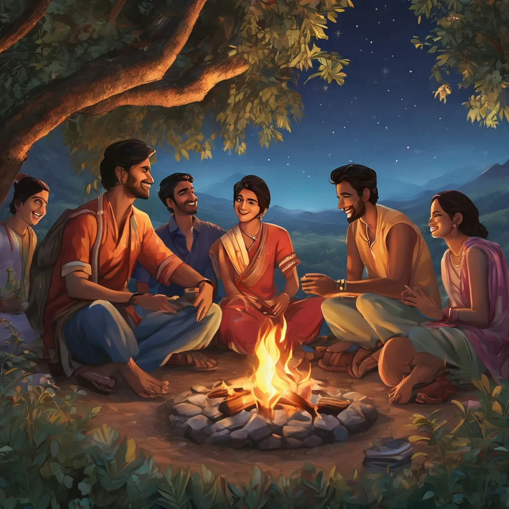 a painting of a group of people sitting around a campfire