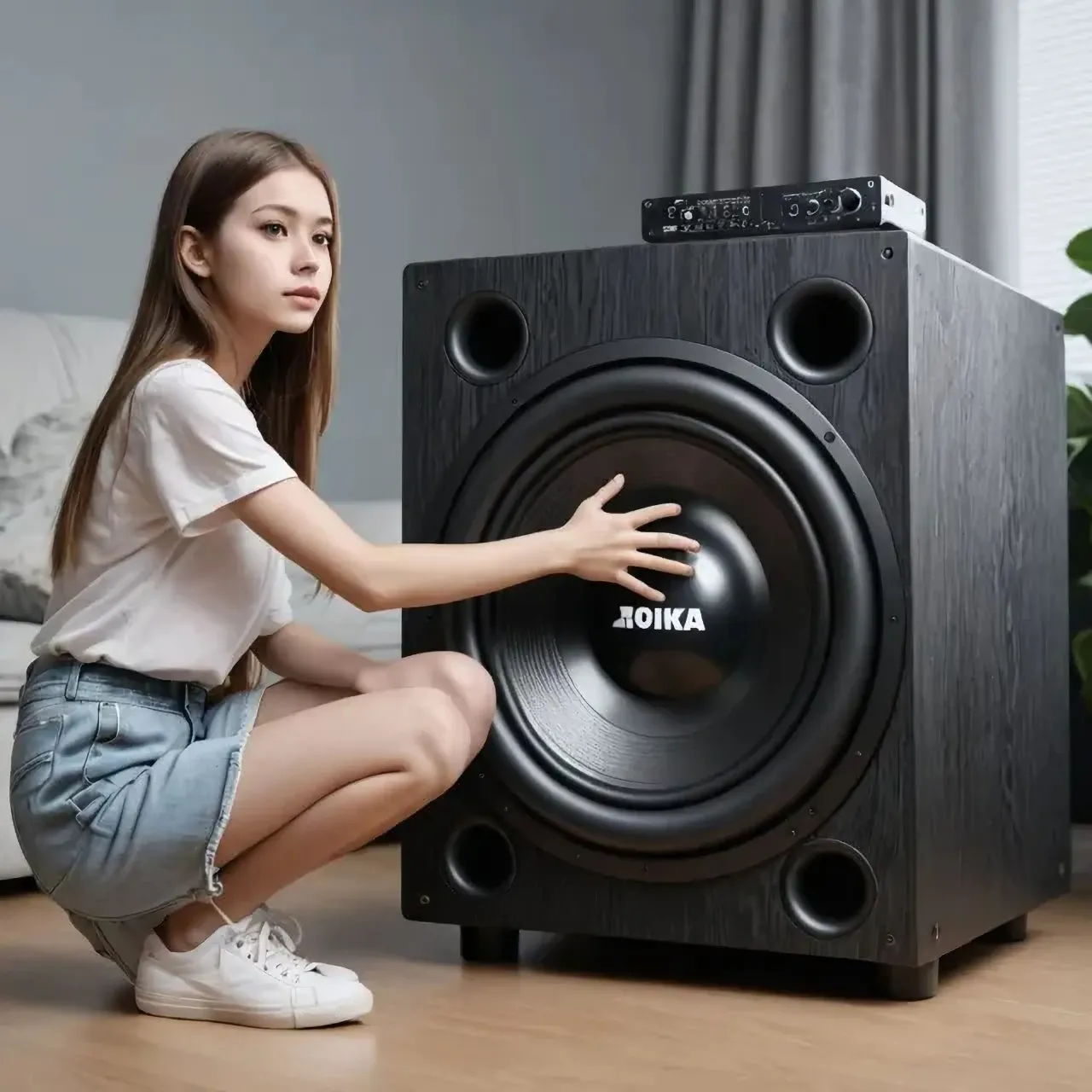 a woman kneeling down next to a speaker with tweeter