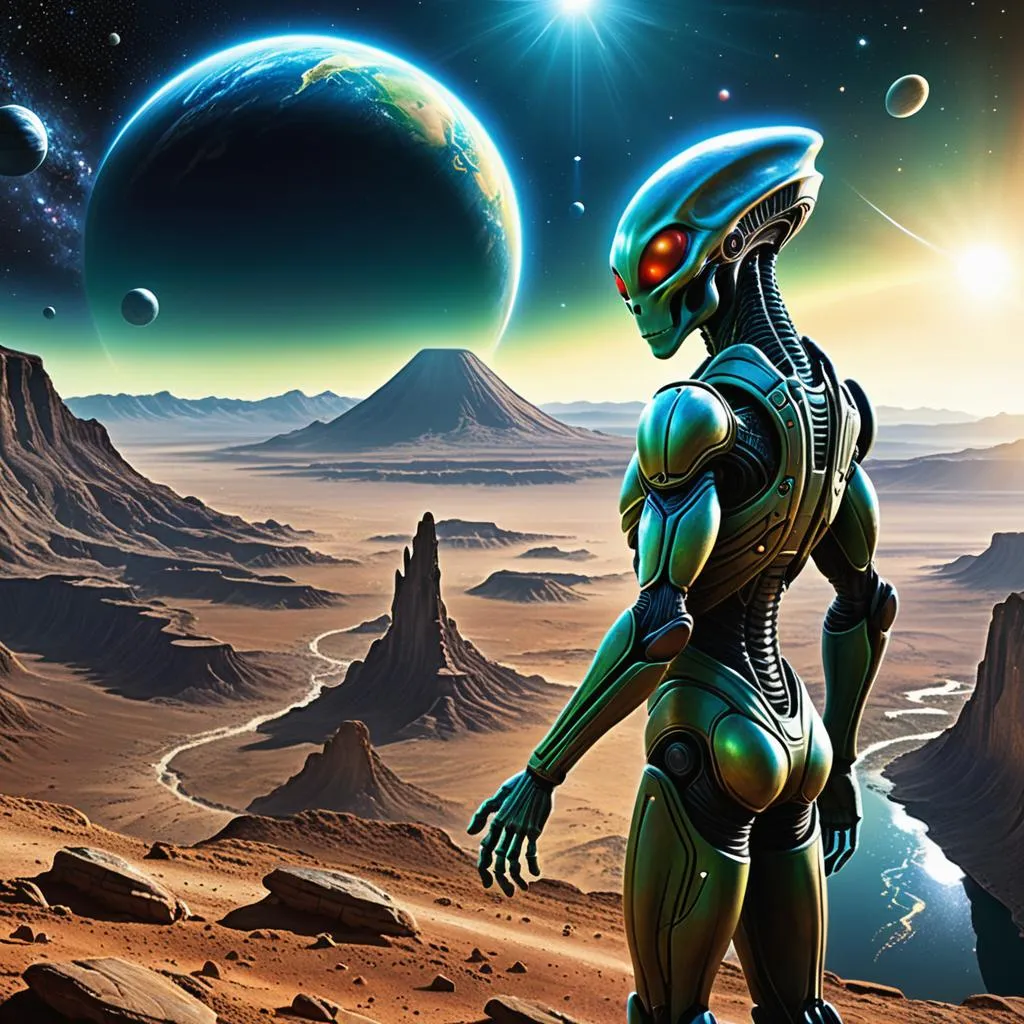 an alien standing in the desert with a planet in the background